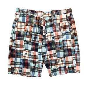 Vintage genuine India Madras Preppy Plaid Patchwork flat front Bermuda shorts 40